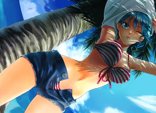 Anime picture 1592x1150 with fuuka (manga) fuuka akitsuki ulquiorra90 single looking at viewer short hair breasts blue eyes light erotic blue hair one eye closed wink girl navel swimsuit plant (plants) bikini tree (trees) shorts palm tree