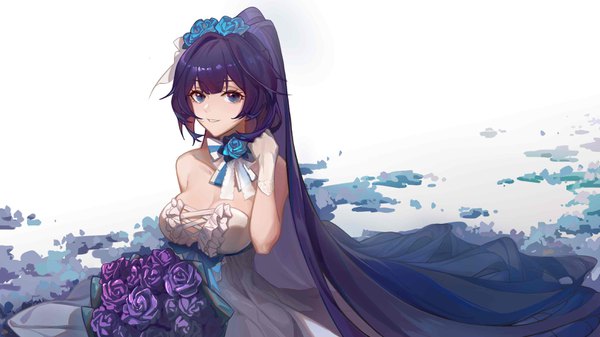 Anime-Bild 3200x1800 mit benghuai xueyuan honkai (series) raiden mei xianyu liang single looking at viewer fringe highres breasts blue eyes simple background smile wide image large breasts standing white background bare shoulders holding payot cleavage