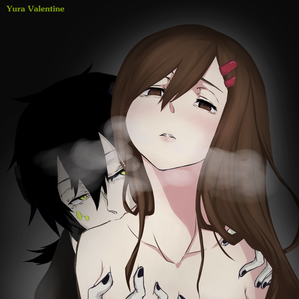 Anime picture 3500x3500 with kagerou project vocaloid shaft (studio) tateyama ayano konoha (kagerou project) jubjang long hair fringe highres light erotic black hair hair between eyes brown hair brown eyes green eyes absurdres upper body nail polish parted lips exhalation