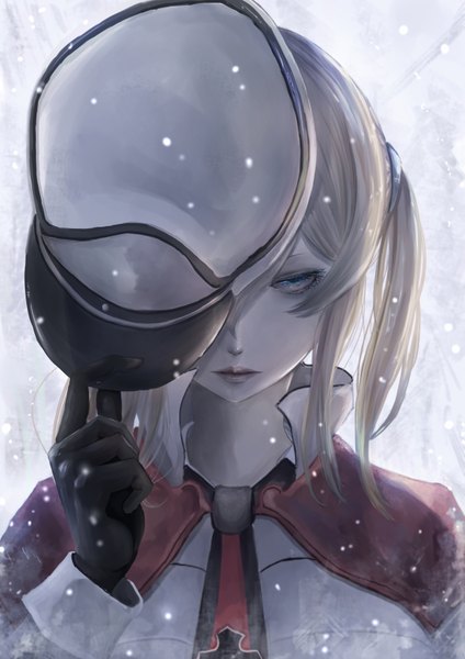 Anime picture 1191x1684 with kantai collection graf zeppelin (kantai collection) pip (red juice1869) single long hair tall image looking at viewer blue eyes blonde hair twintails holding upper body lips portrait snowing winter snow covering hat removed white skin