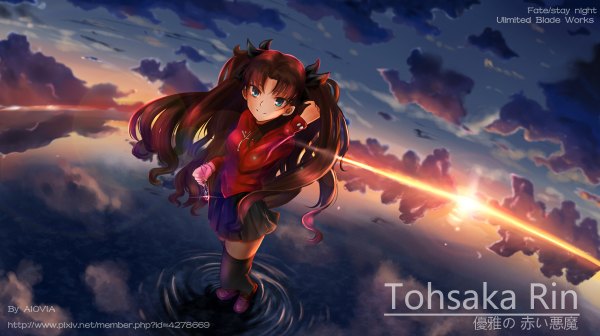 Anime picture 1200x672 with fate (series) fate/stay night type-moon toosaka rin aiovia single long hair blue eyes smile brown hair wide image sky cloud (clouds) lens flare evening sunset girl thighhighs skirt bow