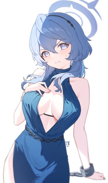 Anime-Bild 3274x5557 mit blue archive ako (blue archive) ako (dress) (blue archive) chiyo akira single long hair tall image looking at viewer fringe highres breasts light erotic simple background hair between eyes large breasts white background blue hair absurdres cleavage head tilt