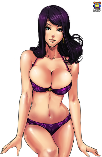 Anime picture 971x1500 with original kyoffie12 single long hair tall image looking at viewer highres breasts light erotic large breasts bare shoulders cleavage purple hair aqua eyes lips underwear only transparent background footprints girl navel