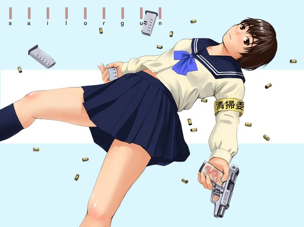 Anime picture 1639x1229 with original mimura kaoru highres short hair brown hair brown eyes lying uniform school uniform serafuku gun armband shell casing