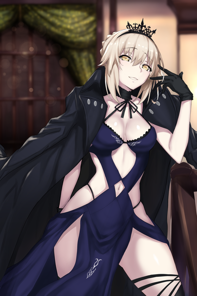 Anime picture 1561x2345 with fate (series) fate/grand order artoria pendragon (all) artoria pendragon (alter swimsuit rider) (fate) akatsuki ikki single tall image looking at viewer blush fringe short hair breasts light erotic blonde hair smile hair between eyes standing yellow eyes payot cleavage