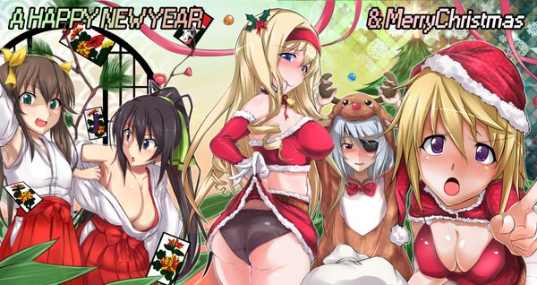 Anime picture 1600x850 with infinite stratos 8bit charles dunois laura bodewig cecilia orcott shinonono houki fang linyin sian (artist) sian (sasa-land) long hair looking at viewer blush breasts open mouth blue eyes light erotic black hair blonde hair smile red eyes