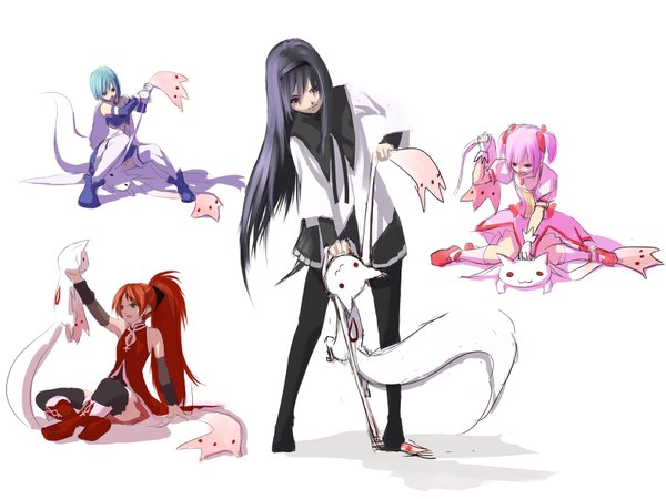 Anime picture 1600x1200 with mahou shoujo madoka magica shaft (studio) akemi homura kaname madoka sakura kyouko miki sayaka kyuubee koharu nosuke long hair fringe short hair simple background red eyes standing white background sitting purple eyes twintails bare shoulders multiple girls