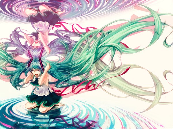 Anime picture 1600x1195 with vocaloid hatsune miku memai single twintails eyes closed very long hair aqua hair tears reflection girl dress ribbon (ribbons)