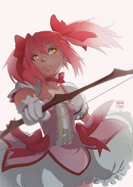 Anime picture 650x913 with mahou shoujo madoka magica shaft (studio) kaname madoka dandon fuga single tall image short hair simple background twintails yellow eyes looking away red hair girl dress gloves bow hair bow