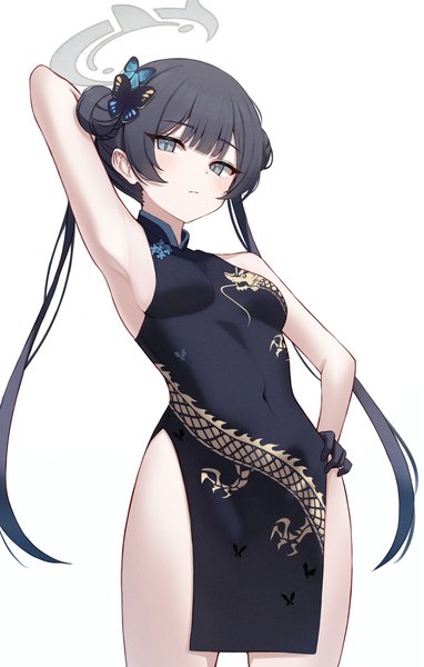 Anime picture 2800x4400 with blue archive kisaki (blue archive) kano (wi3028) single long hair tall image looking at viewer fringe highres breasts light erotic black hair simple background standing white background twintails blunt bangs traditional clothes arm up armpit (armpits)