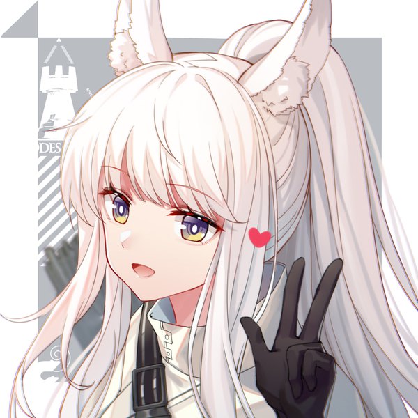 Anime picture 1024x1024 with arknights platinum (arknights) blue shrimp single long hair fringe open mouth animal ears yellow eyes payot white hair ponytail :d portrait victory girl gloves black gloves heart