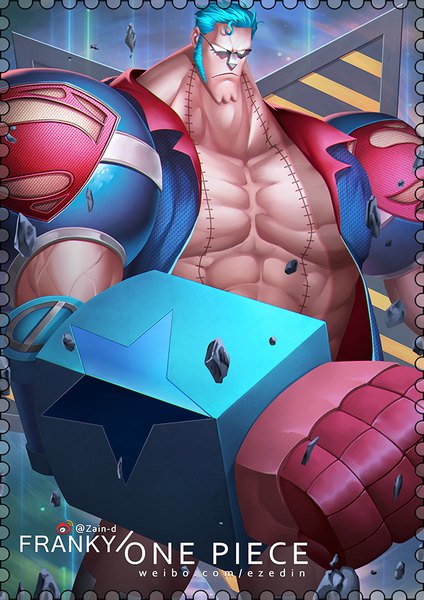 Anime picture 650x919 with one piece toei animation franky zhang ding single tall image short hair standing signed blue hair open clothes copyright name character names scar muscle abs boy sunglasses debris cyborg