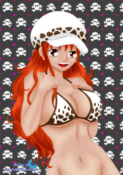 Anime picture 752x1063 with one piece toei animation nami (one piece) single long hair tall image looking at viewer highres breasts open mouth light erotic simple background brown eyes signed light smile teeth coloring girl navel swimsuit