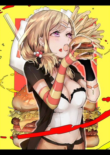 Anime picture 1100x1546 with original ayatoki-1 single tall image blush short hair breasts open mouth blonde hair large breasts cleavage nail polish pink eyes striped eating yellow background girl hair ornament hairclip fingerless gloves