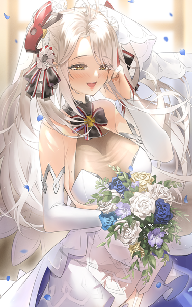 Anime picture 1200x1907 with azur lane prinz eugen (azur lane) prinz eugen (symphonic fate) (azur lane) ran s200 single long hair tall image blush fringe breasts open mouth blue eyes light erotic smile standing bare shoulders holding yellow eyes looking away white hair