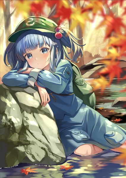 Anime picture 900x1272 with touhou kawashiro nitori yuuka nonoko single tall image looking at viewer short hair blue eyes blue hair outdoors two side up depth of field partially submerged river girl skirt hair ornament hat leaf (leaves) skirt set