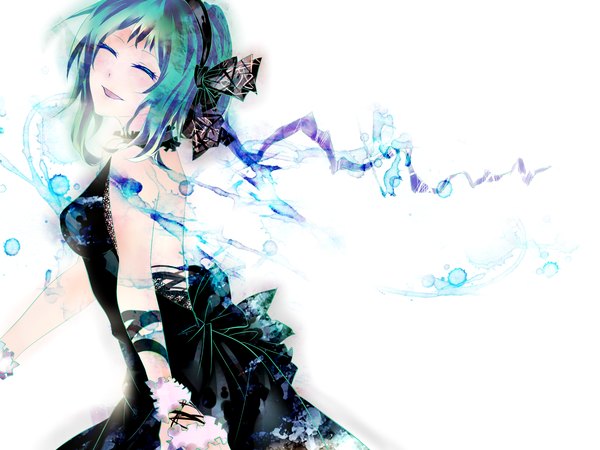 Anime picture 1700x1275 with vocaloid gumi tyouya single highres short hair smile bare shoulders eyes closed green hair back girl dress black dress