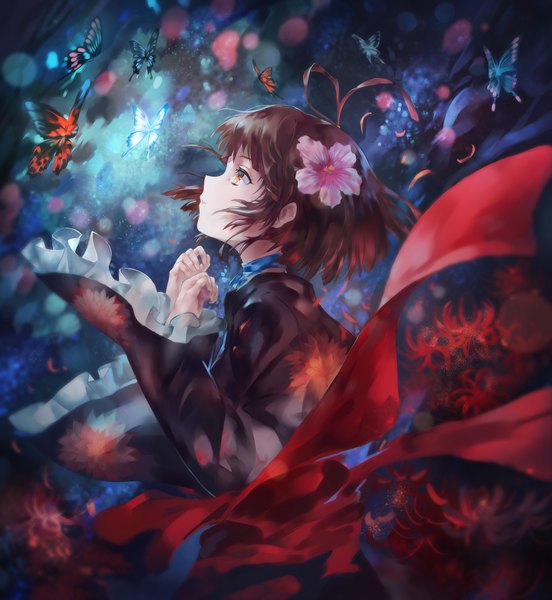 Anime picture 1600x1737 with koutetsujou no kabaneri wit studio mumei (kabaneri) azomo single tall image short hair brown hair brown eyes looking away traditional clothes japanese clothes profile blurry girl flower (flowers) petals choker kimono insect