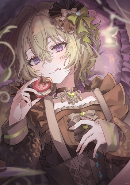 Anime picture 1480x2093 with project sekai kusanagi nene por ( por tt) single tall image fringe short hair hair between eyes purple eyes lying long sleeves green hair on back sleeves past wrists chocolate on face girl hair ornament food sweets pillow