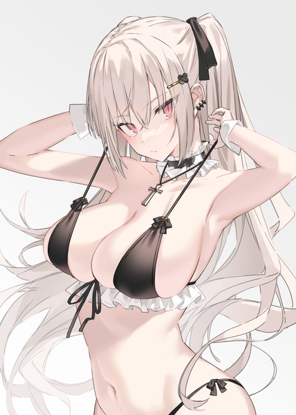 Anime picture 952x1336 with original kogataiga single long hair tall image looking at viewer blush fringe breasts light erotic simple background blonde hair hair between eyes red eyes large breasts standing payot silver hair upper body head tilt
