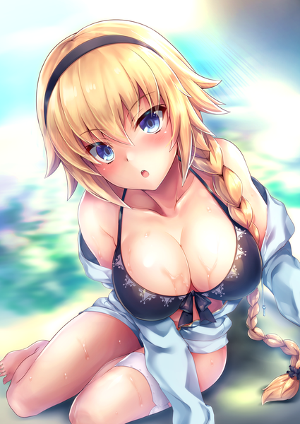 Anime picture 1254x1771 with fate (series) fate/grand order jeanne d'arc (fate) (all) jeanne d'arc (swimsuit archer) samoore single long hair tall image looking at viewer blush fringe breasts open mouth blue eyes light erotic blonde hair hair between eyes large breasts sitting bare shoulders
