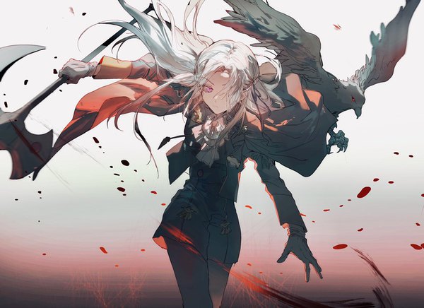 Anime picture 1024x744 with fire emblem fire emblem: three houses nintendo edelgard von hresvelg min (120716) long hair looking at viewer fringe simple background purple eyes holding silver hair long sleeves hair over one eye girl gloves uniform ribbon (ribbons) weapon hair ribbon
