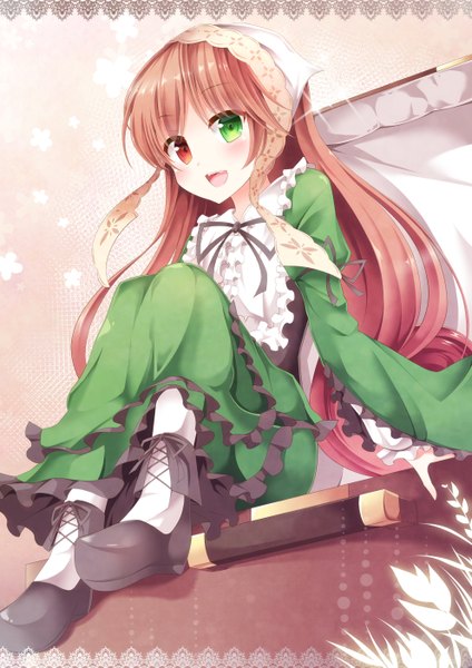 Anime picture 992x1403 with rozen maiden suiseiseki aibumi single long hair tall image looking at viewer blush open mouth red eyes brown hair sitting green eyes heterochromia lolita fashion girl dress ribbon (ribbons) shoes frills