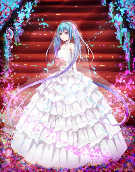 Anime picture 2296x2924 with project diva f 2nd vocaloid hatsune miku pkq single tall image looking at viewer fringe highres blue eyes bare shoulders holding payot very long hair hair flower light smile wind aqua hair underboob outstretched hand