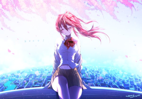Anime picture 1000x700 with free! kyoto animation matsuoka gou sorolp single long hair blush breasts smile ponytail red hair eyes closed pleated skirt wind arm support bare belly city cityscape girl skirt