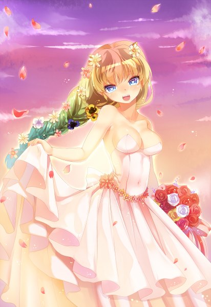 Anime picture 825x1200 with original delores (mvv) mvv long hair tall image looking at viewer blush open mouth blue eyes blonde hair sky cloud (clouds) girl dress flower (flowers) petals bouquet