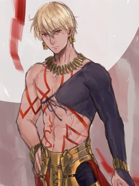 Anime picture 600x800 with fate (series) fate/stay night gilgamesh (fate) saryo single tall image fringe short hair blonde hair hair between eyes red eyes standing looking away upper body hand on hip muscle abs boy earrings bracelet