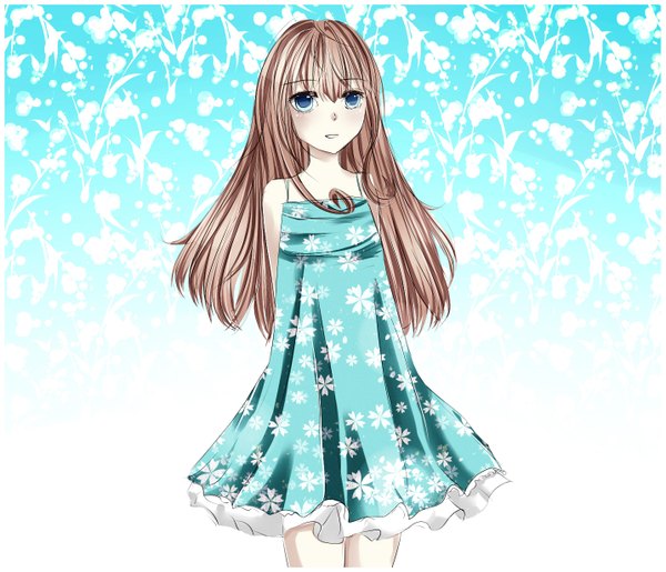 Anime picture 1433x1232 with original pinky-neko single long hair blush blue eyes simple background brown hair bare shoulders hands behind back girl sundress