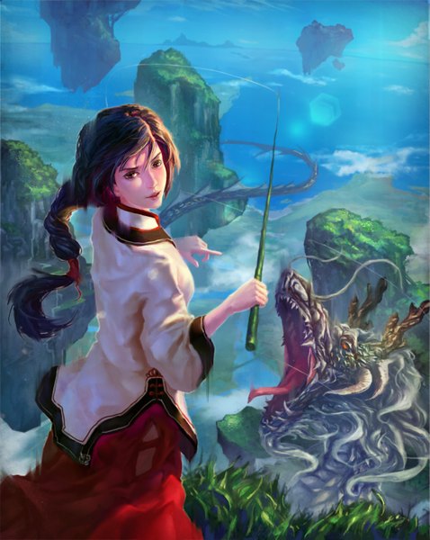 Anime picture 2473x3100 with original 32106fu single long hair tall image fringe highres black hair red eyes sky cloud (clouds) traditional clothes japanese clothes looking back horn (horns) lips teeth fang (fangs) fantasy girl