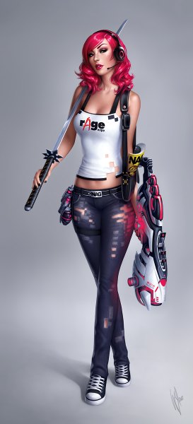 Anime picture 546x1200 with warrenlouw single long hair tall image simple background red eyes red hair grey background girl weapon sword headphones katana gun t-shirt grenade