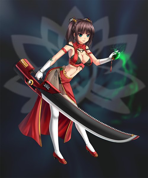 Anime picture 833x1000 with original chien zero single tall image short hair breasts blue eyes light erotic black hair cleavage chinese clothes dark background girl thighhighs gloves weapon white thighhighs sword white gloves chinese dress