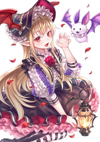 Anime picture 1415x2000 with granblue fantasy vampy zoff (daria) single long hair tall image looking at viewer blush fringe open mouth simple background blonde hair smile hair between eyes red eyes white background sitting fingernails pointy ears fang (fangs)