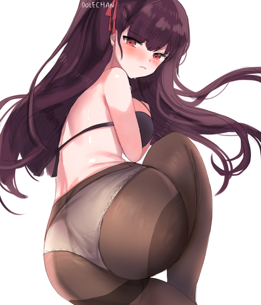 Anime picture 1200x1400 with girls frontline wa2000 (girls frontline) dolechan single long hair tall image looking at viewer blush fringe light erotic simple background red eyes white background purple hair bent knee (knees) ass blunt bangs from behind sweat one side up