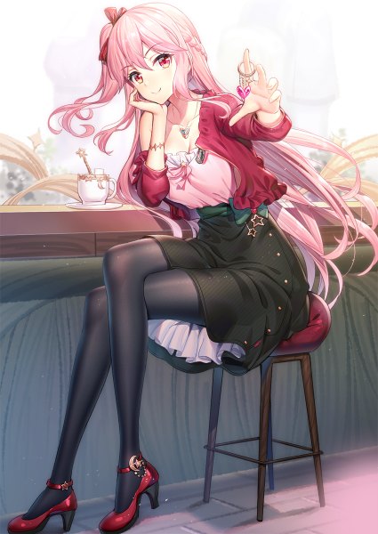 Anime picture 850x1200 with original emily stock ririko (zhuoyandesailaer) single long hair tall image looking at viewer blush fringe breasts smile hair between eyes red eyes sitting holding pink hair cleavage full body indoors braid (braids)