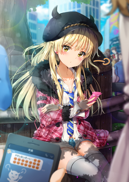 Anime picture 1240x1754 with idolmaster idolmaster cinderella girls jougasaki rika kuria (clear trip second) long hair tall image looking at viewer blush fringe light erotic blonde hair sitting holding yellow eyes sky cloud (clouds) outdoors head tilt horn (horns) open clothes