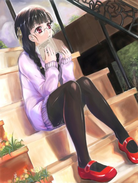 Anime picture 800x1059 with original kenbuo single long hair tall image black hair red eyes sitting looking away full body braid (braids) twin braids girl flower (flowers) pantyhose glasses shoes black pantyhose book (books) sweater