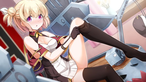 Anime picture 2030x1142 with azur lane leipzig (azur lane) kasaran single looking at viewer blush fringe highres short hair breasts light erotic blonde hair hair between eyes wide image sitting bare shoulders cleavage indoors head tilt pink eyes