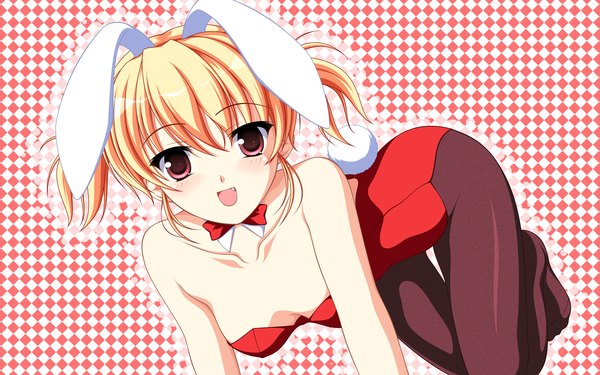 Anime picture 1920x1200 with kakesu single highres short hair open mouth light erotic blonde hair simple background red eyes wide image bunny ears bunny girl bunny tail girl bowtie bunnysuit