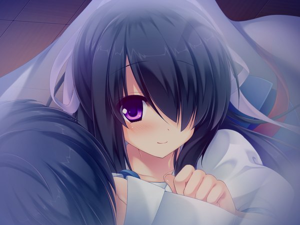 Аниме картинка 1680x1260 с sakura no reply hazuki mikuri длинные волосы румянец чёлка чёрные волосы фиолетовые глаза game cg волосы прикрывают глаз девушка лента (ленты) лента для волос