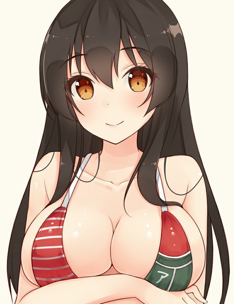 Anime picture 772x1000 with kantai collection akagi aircraft carrier hiiragi hajime single long hair tall image looking at viewer blush breasts light erotic simple background smile brown hair white background brown eyes cleavage hair over shoulder breast rest girl swimsuit