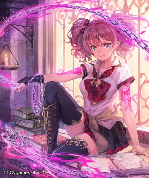 Anime-Bild 1000x1200 mit shingeki no bahamut tagme (character) harupy single tall image looking at viewer fringe short hair blue eyes hair between eyes brown hair sitting twintails holding bent knee (knees) indoors nail polish pleated skirt light smile arm support