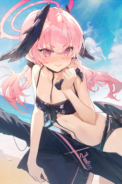 Anime picture 1200x1805 with blue archive koharu (blue archive) koharu (swimsuit) (blue archive) kuroduki (pieat) single long hair tall image blush light erotic twintails holding looking away pink hair sky cloud (clouds) outdoors pink eyes embarrassed low twintails official alternate costume