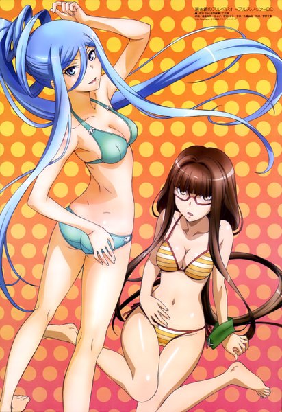 Anime picture 4083x5934 with aoki hagane no arpeggio megami magazine takao (aoki hagane no arpeggio) hiei (aoki hagane no arpeggio) tagme (artist) long hair tall image looking at viewer highres breasts blue eyes light erotic brown hair multiple girls brown eyes blue hair absurdres ponytail official art polka dot