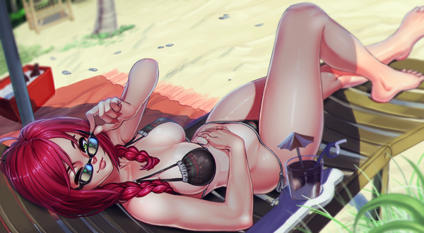 Anime picture 2946x1625 with original nikita varb single long hair looking at viewer highres breasts light erotic wide image green eyes bent knee (knees) red hair lying braid (braids) one eye closed from above wink beach twin braids adjusting sunglasses
