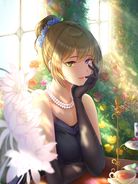 Anime picture 1536x2048 with idolmaster idolmaster cinderella girls takagaki kaede nyome991 single tall image looking at viewer fringe short hair breasts open mouth blue eyes brown hair sitting bare shoulders green eyes payot upper body hair flower light smile