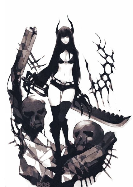 Anime picture 1316x1848 with black rock shooter black gold saw fishine single long hair tall image looking at viewer breasts light erotic simple background red eyes white background cleavage horn (horns) open clothes open jacket midriff text monochrome demon girl